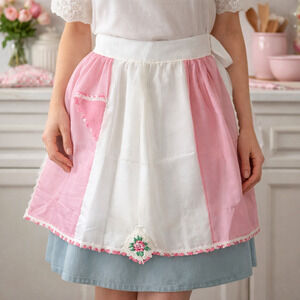 60s Pink & White Sheer Crochet Trim Waist Apron Home Sewn